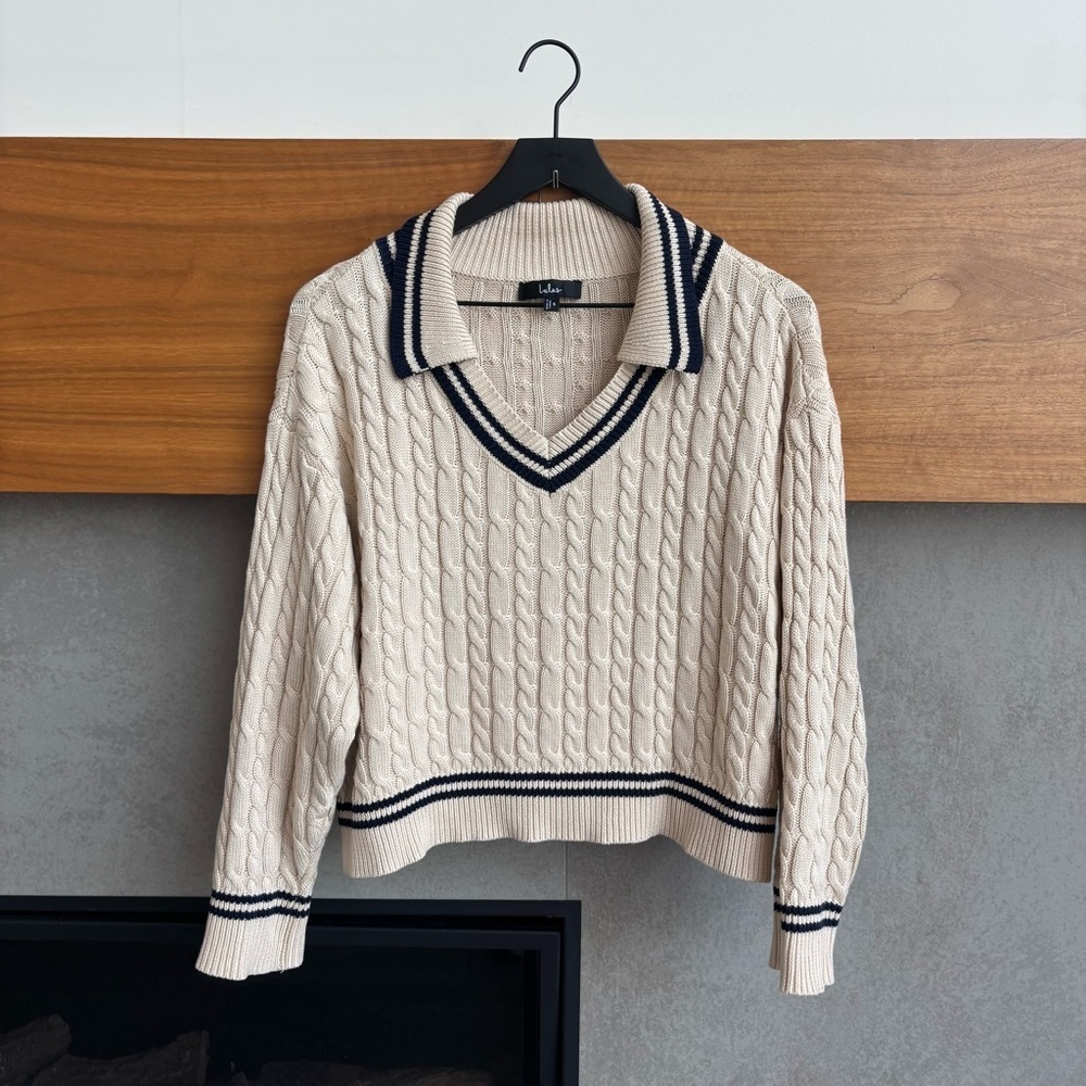 Lulus Posh Expert Beige Cable Knit Pullover Varsity Sweater, Size S - Picture 5 of 15